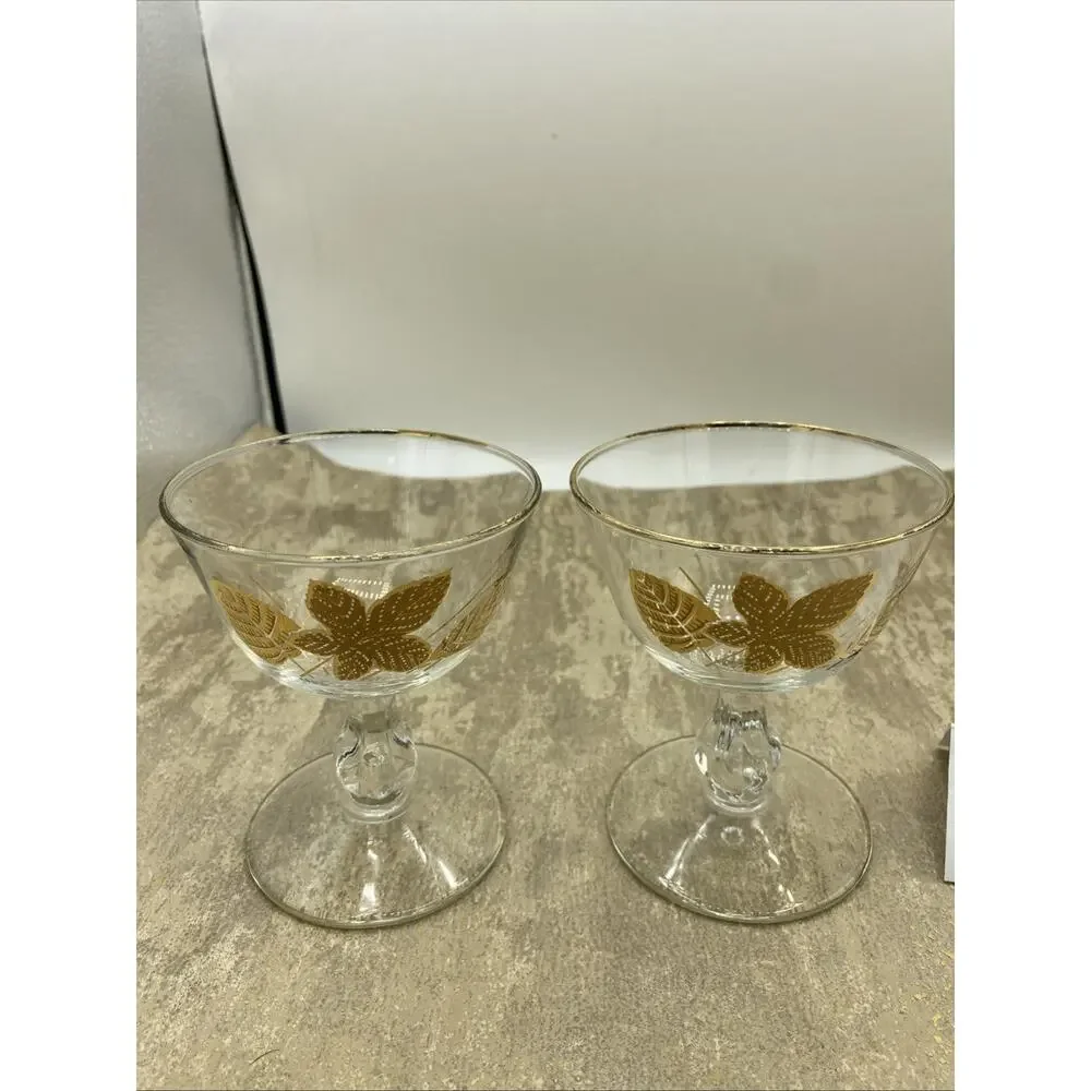 2-Vintage Libbey Golden Foliage Cordial Goblets Bar Glasses Wine Champagne